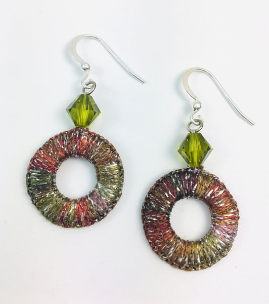 Contemporary corded circle earrings Autumn greens & reds