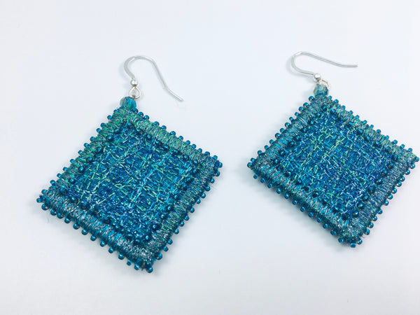 Sapphire blue embroidered & beaded dangle earrings