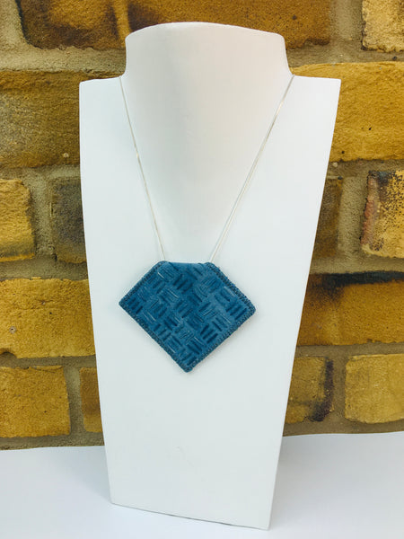 Indigo denim blue embroidered statement pendant necklace