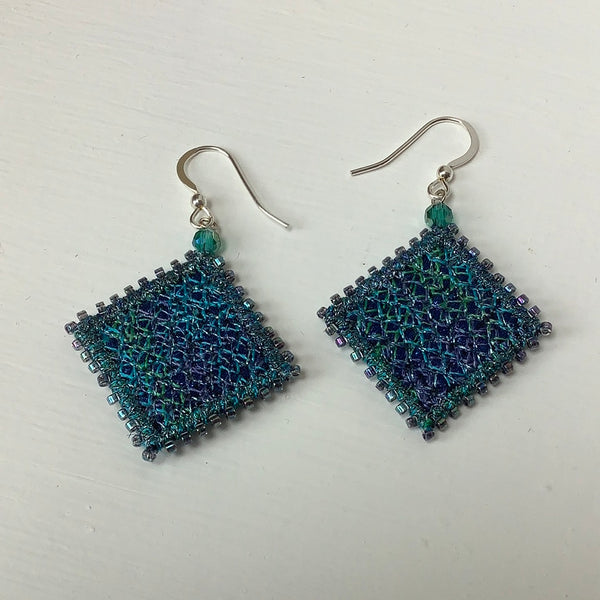 Blue & mauve embroidered flower drop earrings