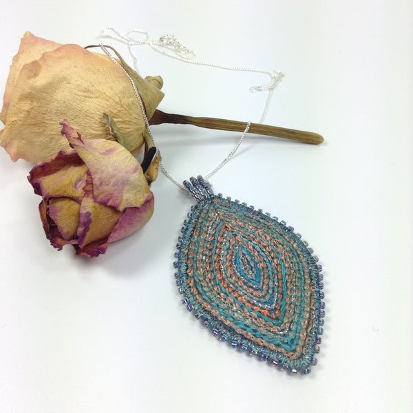 Textile art leaf pendant necklace