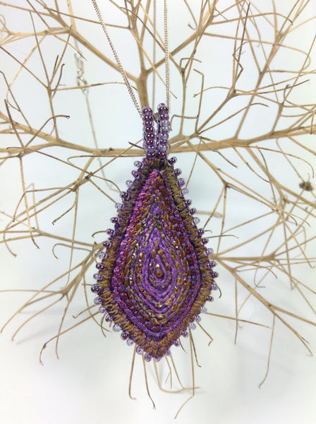 Hand embroidered contemporary textile art pendant necklace
