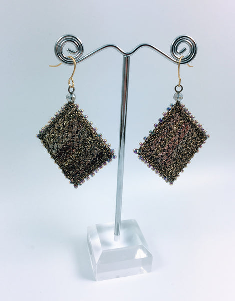 Golden brown large dangle earrings, embroidered & beaded