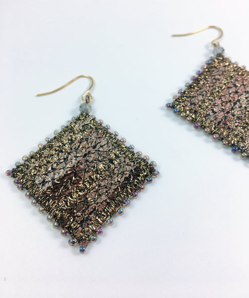 Golden brown large dangle earrings, embroidered & beaded