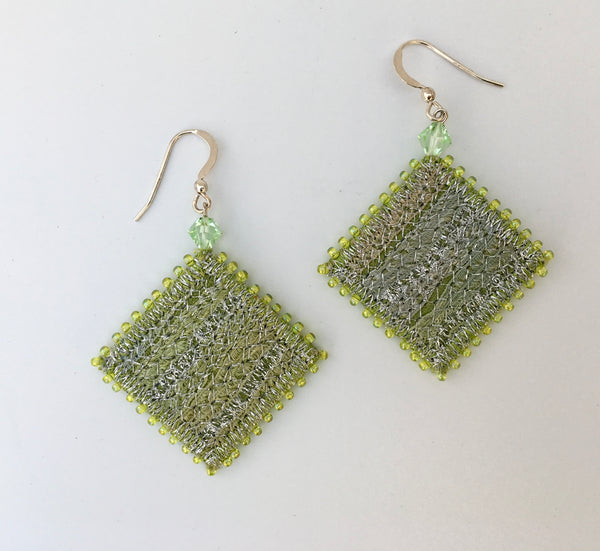 Silver green embroidered & beaded statement drop earrings