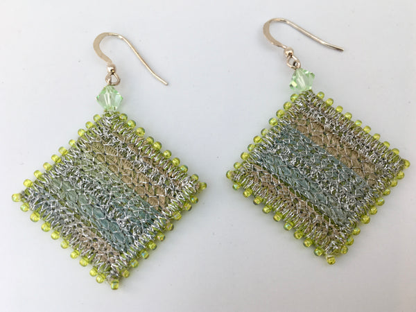 Silver green embroidered & beaded statement drop earrings