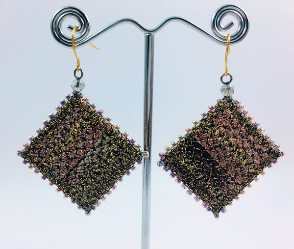 Golden brown large dangle earrings, embroidered & beaded