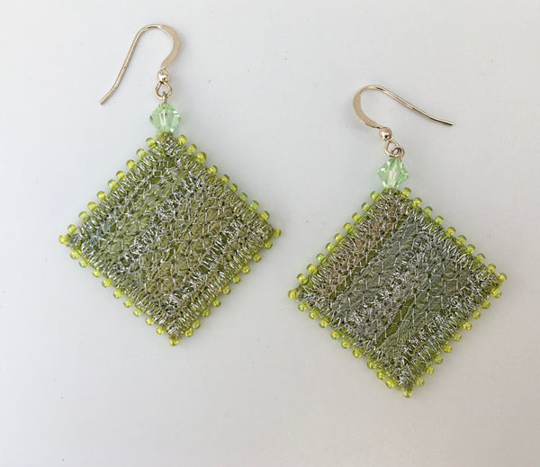 Silver green embroidered & beaded statement drop earrings