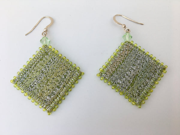 Silver green embroidered & beaded statement drop earrings