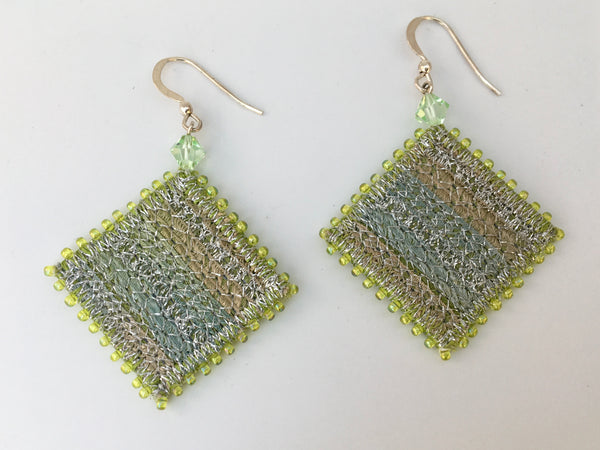 Silver green embroidered & beaded statement drop earrings