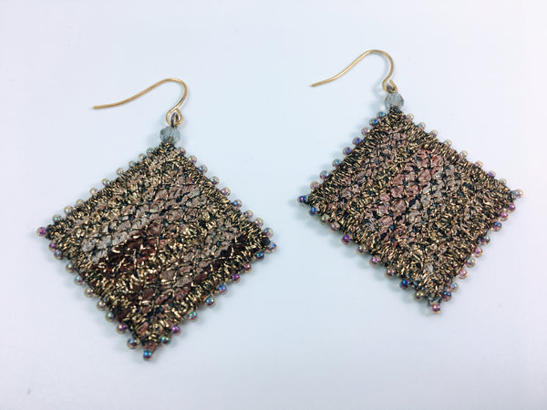 Golden brown large dangle earrings, embroidered & beaded