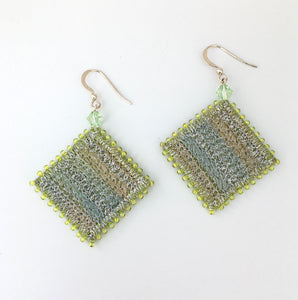 Silver green embroidered & beaded statement drop earrings