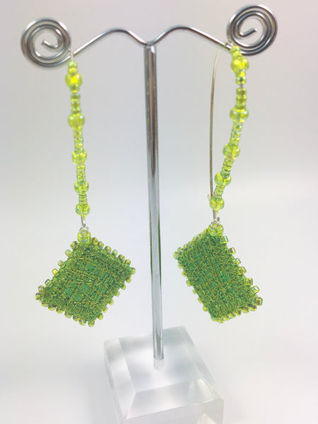 Beaded & embroidered hoop earrings Lime green & silver