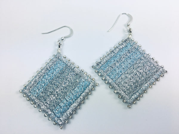 Electric blue & silver square embroidered earrings