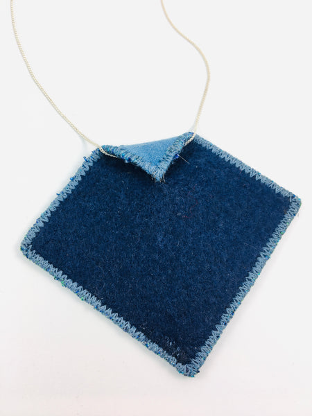 Indigo denim blue embroidered statement pendant necklace