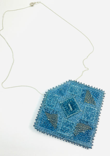 Indigo denim abstract embroidered statement pendant necklace