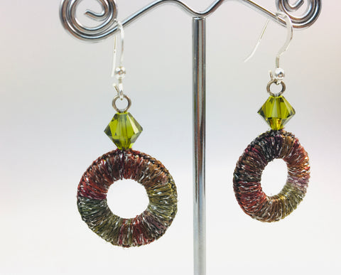 Contemporary corded circle earrings Autumn greens & reds