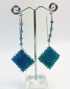 Aqua blues beaded & embroidered long drop hoop square earrings