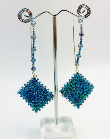 Aqua blues beaded & embroidered long drop hoop square earrings
