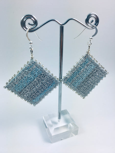Electric blue & silver square embroidered earrings