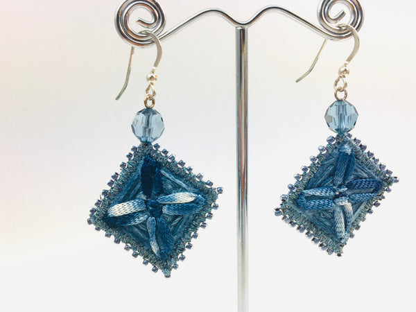 Denim Blue & hand dyed indigo embroidered flower drop earrings