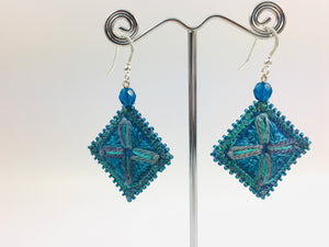 Teal Blue embroidered flower drop earrings