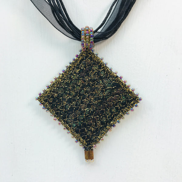 Black & gold square pendant on ribbon necklace