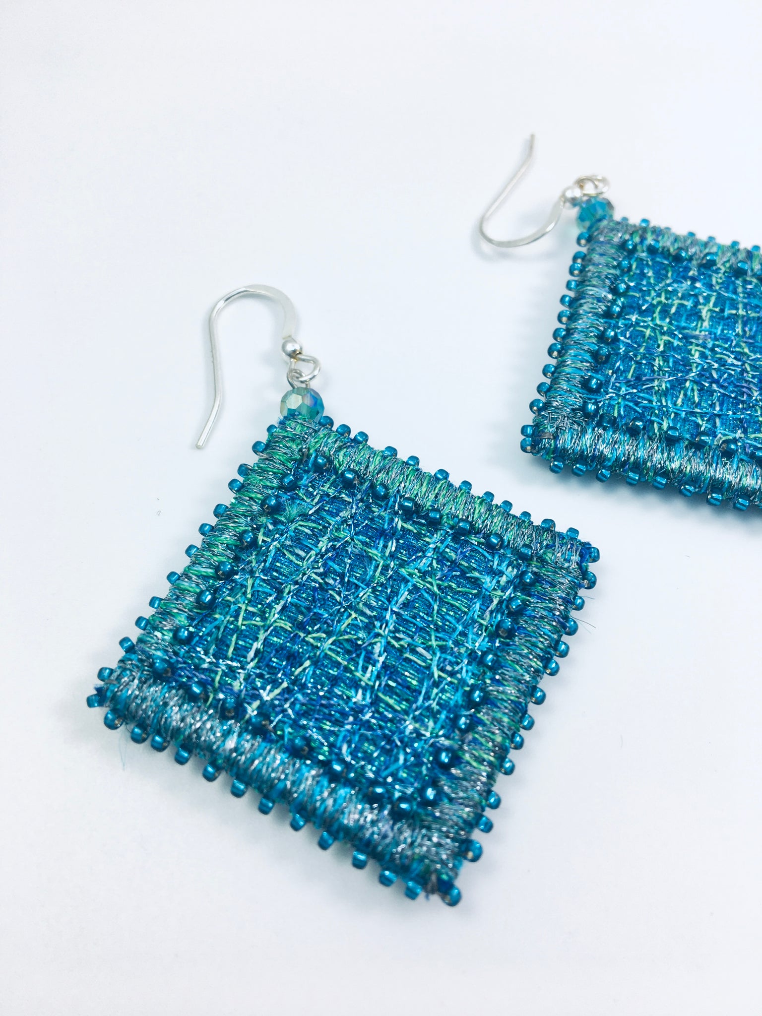 Sapphire blue embroidered & beaded dangle earrings
