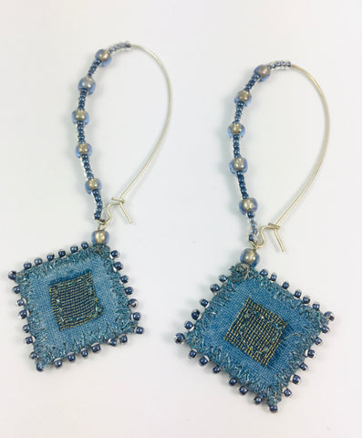 Denim blue beaded long hoop earrings - embroidered indigo denim