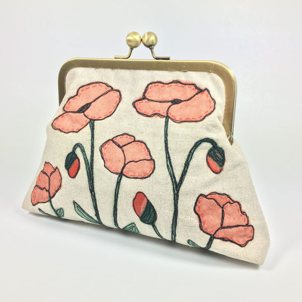Red poppy flower embroidered clutch or shoulder bag