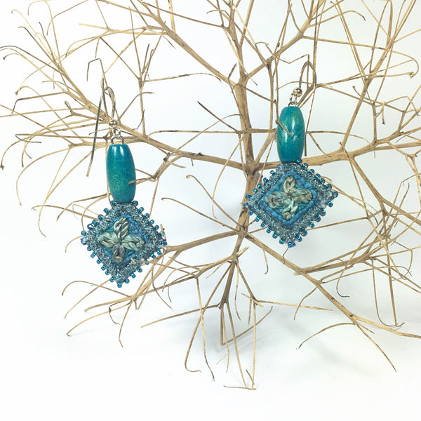 Wooden bead blue earrings
