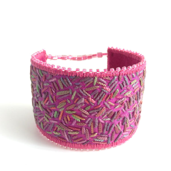 Hand dyed thread textile art cuff by Tors Duce