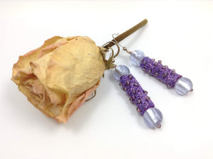 Mauve glass bead earrings with textile art beads