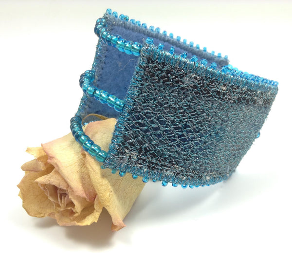 Machine embroidered fibre art designer cuff bracelet