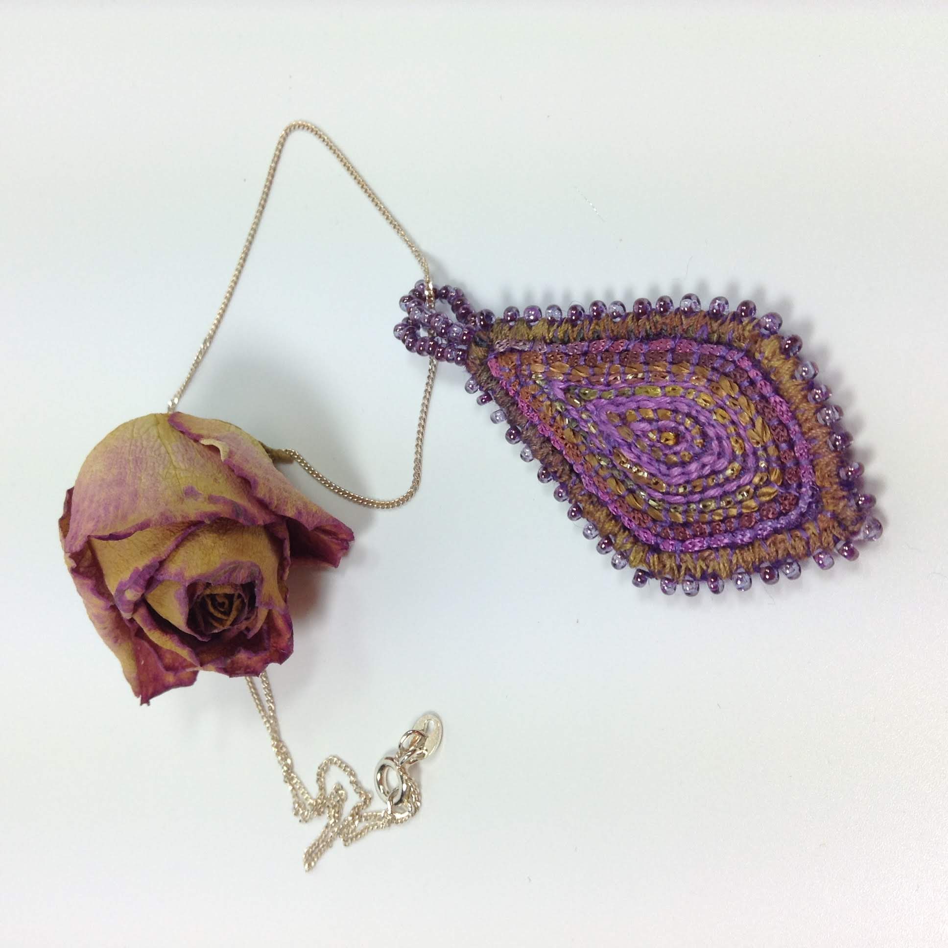 Purple heather hand dyed thread artisan pendant necklace