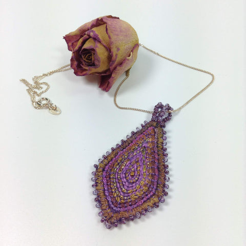 Purple heather hand dyed thread artisan pendant necklace
