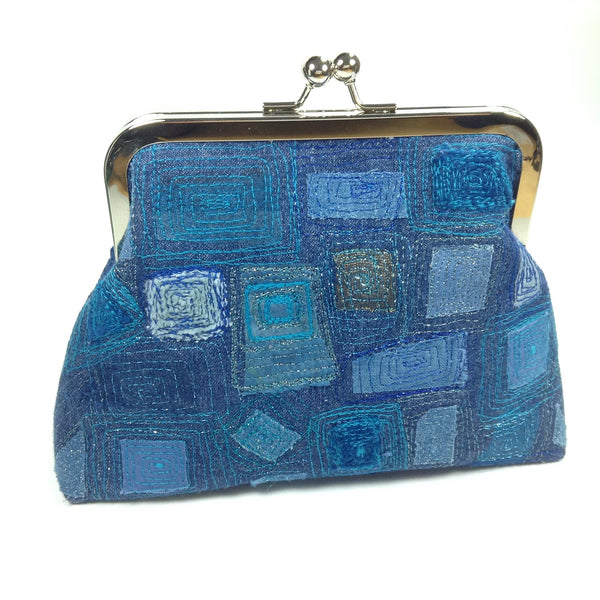 Abstract design artisan denim contemporary purse bag by textile artist Tors Duce