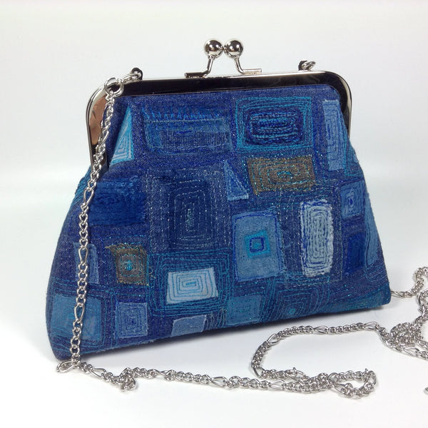 Denim embroidered textile art clutch or shoulder bag
