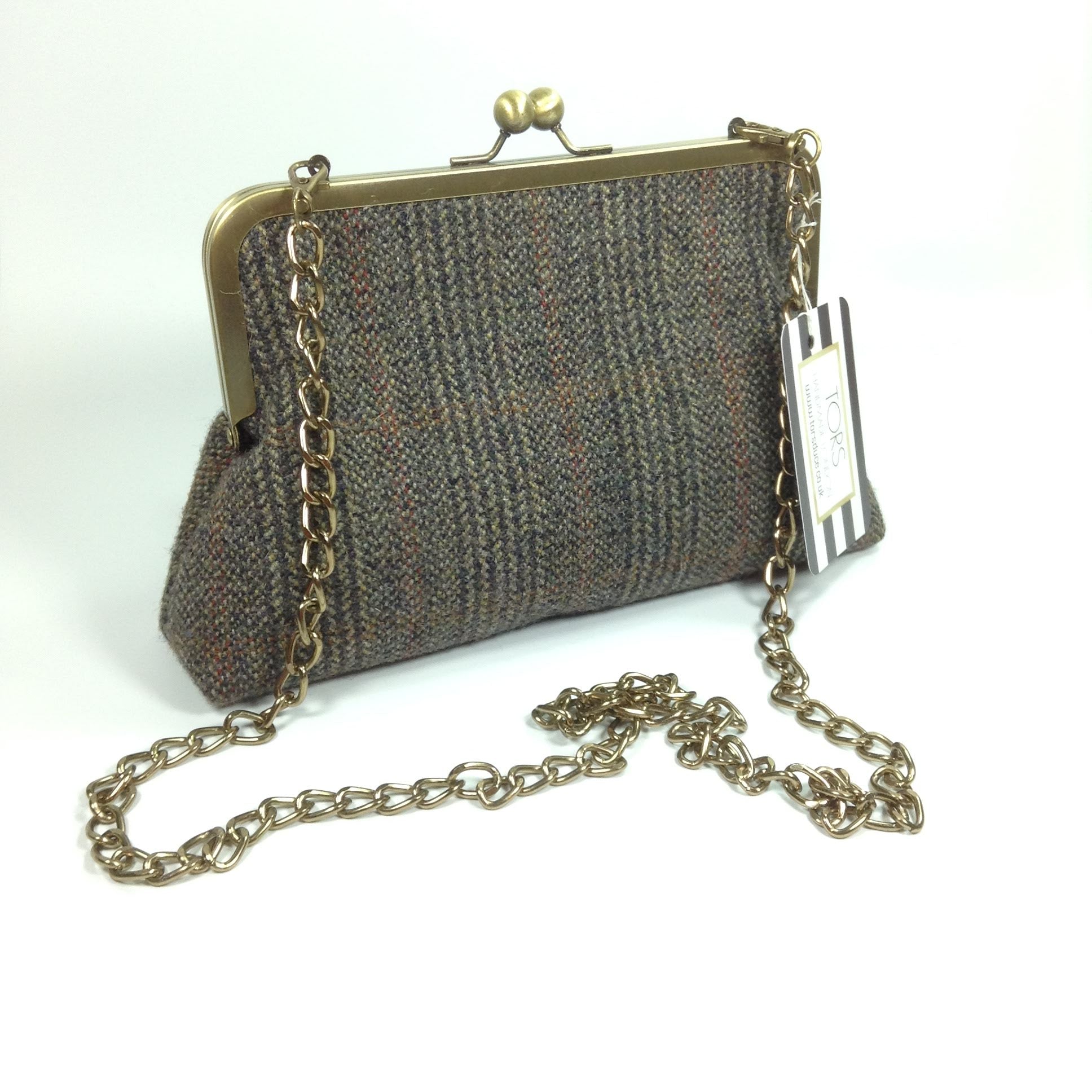 Brown tweed wool frame purse bag