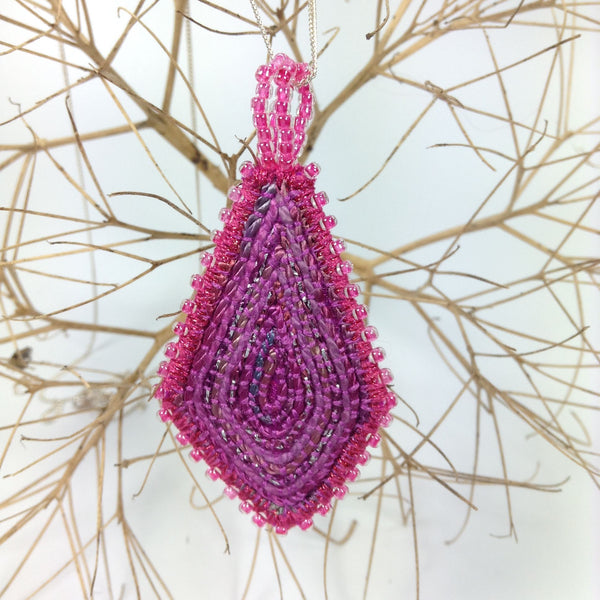 Pink diamond hand embroidered pendant necklace