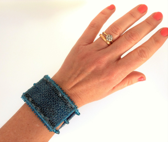 Turquoise blue sparkle sea inspired contemporary cuff bracelet 
