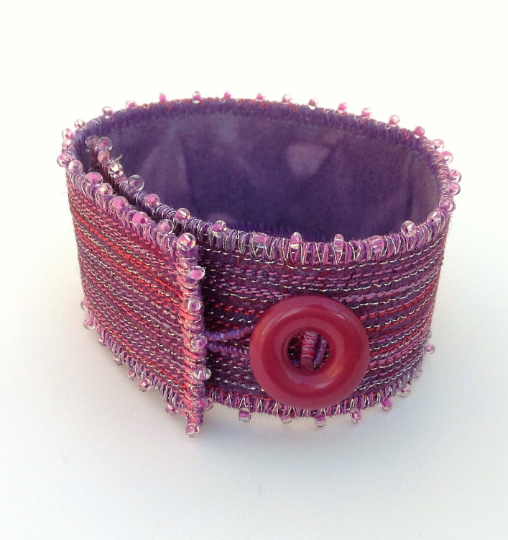 Purple & pink retro feel embroidered lines cuff bracelet